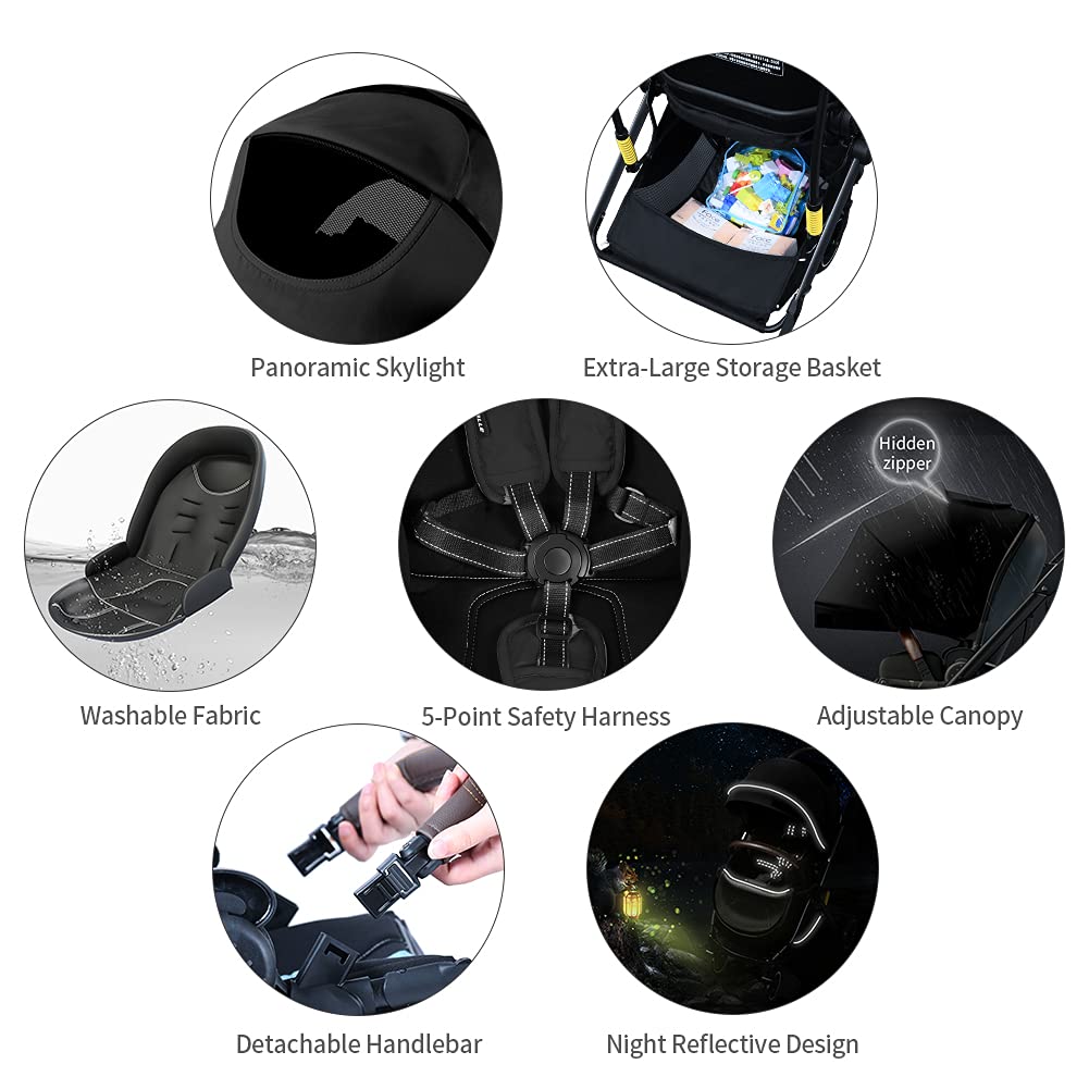 A colorful and comfortable pram designed for kids, featuring a sturdy frame, padded seat, and safety harness.