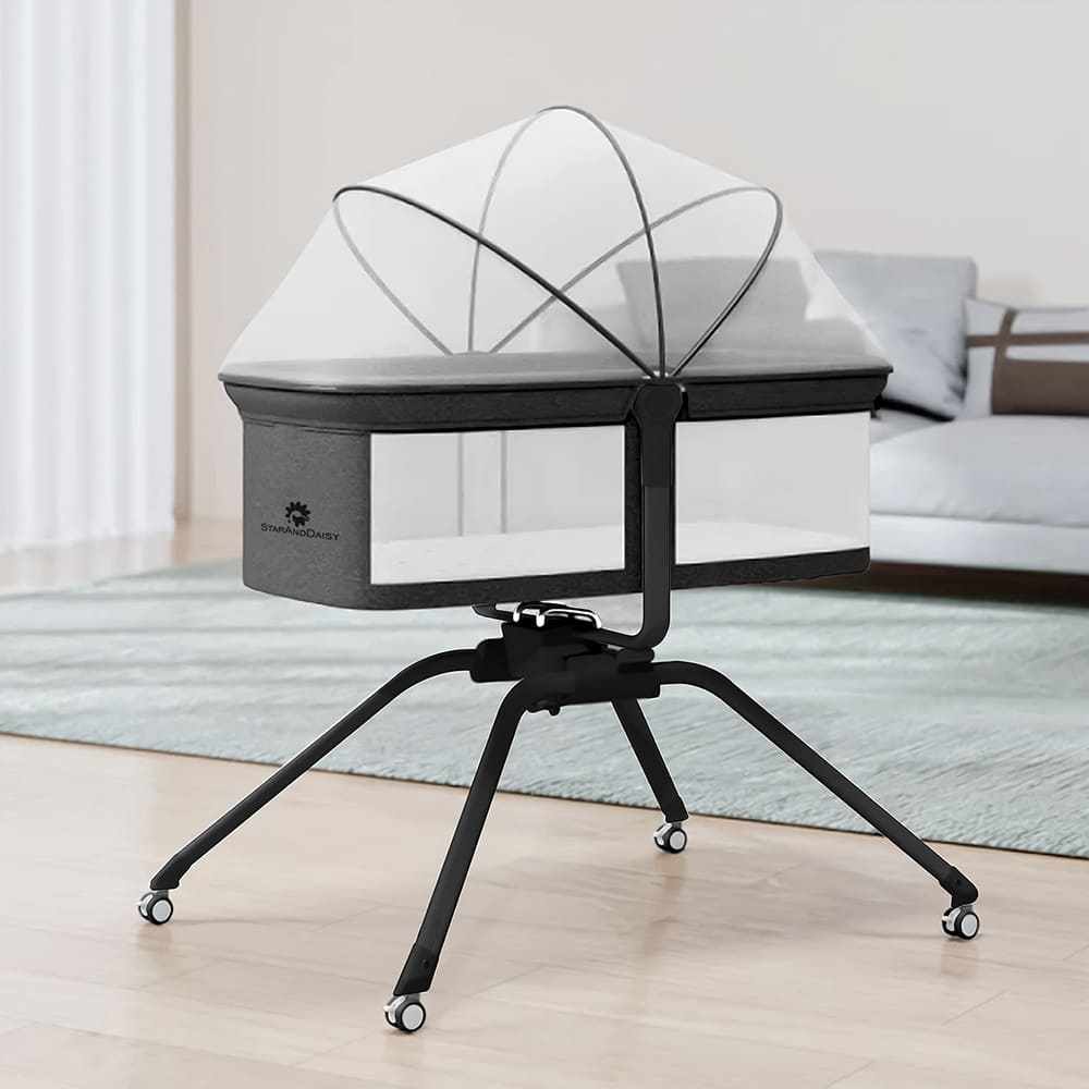 StarAndDaisy Malin 3in1 Crib Cradle, Travel cot for Babies with a Mattress from 0 to 9 kg, Foldable, Patented Rocking, Quick Assembly, Travel Bag & Mosquito net Included, Ultra Light (Black)
