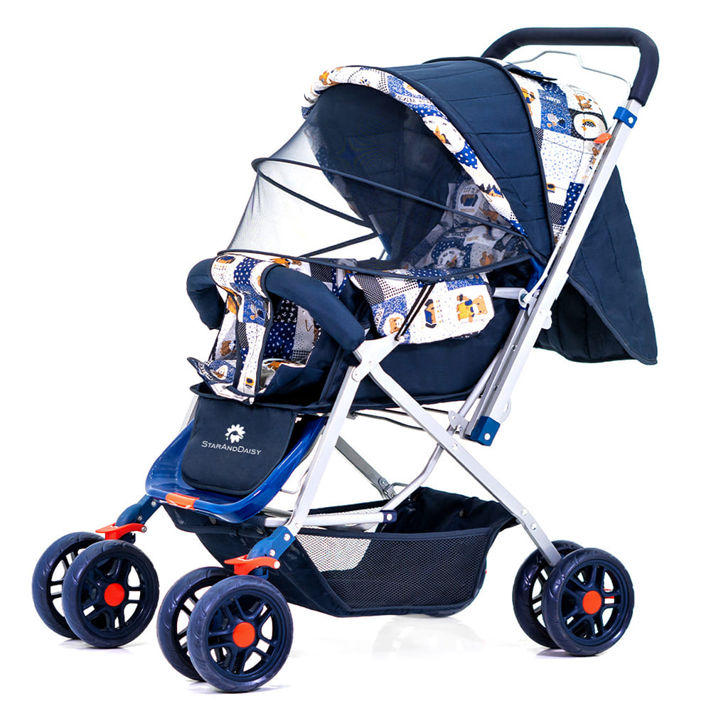 StarAndDaisy Sunrise Baby Stroller and Pram with Extended Mosquito Net and Ultra Soft Cushions & Reversible Handlebar (White Print | Gama)