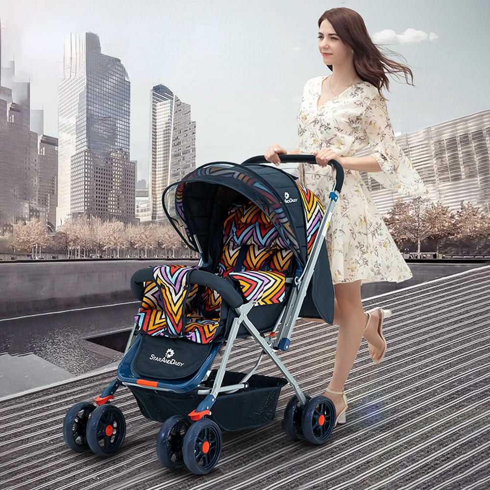 StarAndDaisy Sunrise Baby Stroller and Pram with Extended Mosquito Net and Ultra Soft Cushions & Reversible Handlebar (Vibrant Multicolor)