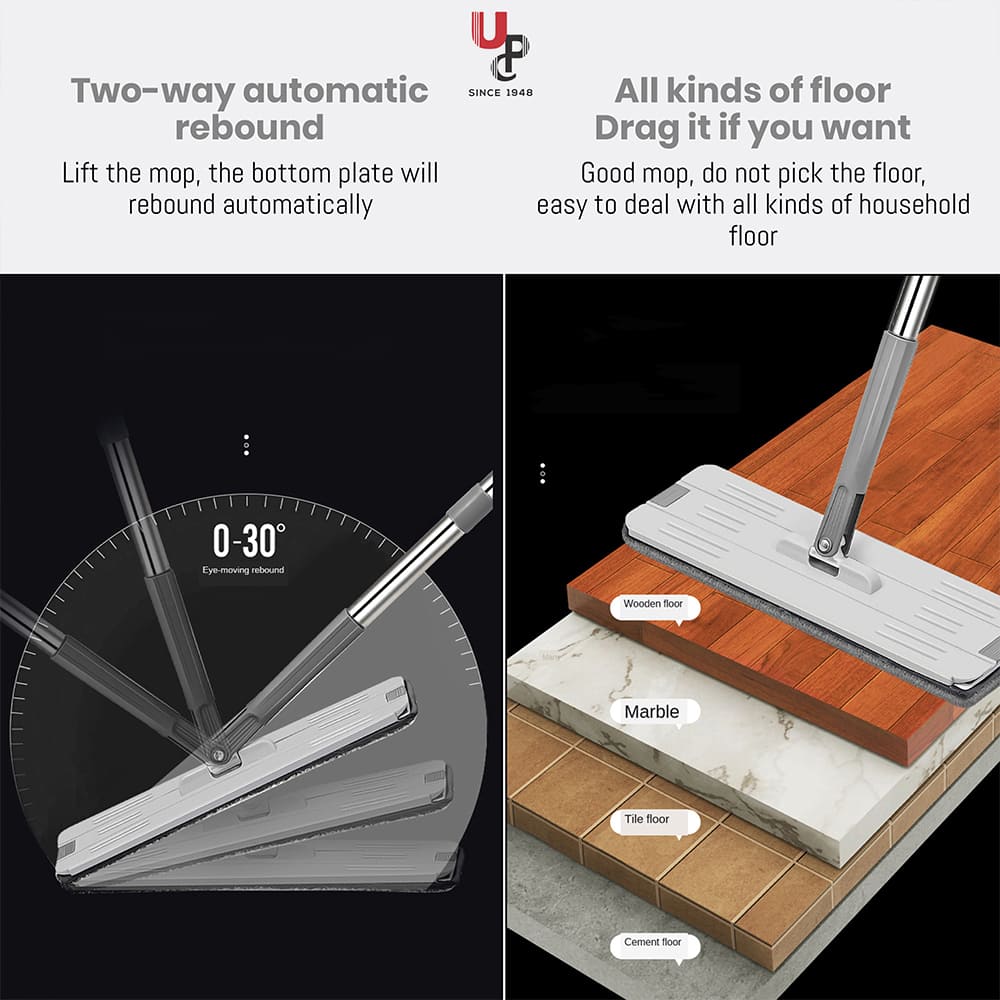 Hands-Free Squeeze Microfiber Flat Spin Mop System 360 Flexible Head with Super-Absorbent Microfiber Pads Extended Stainless Steel Handle -Black White