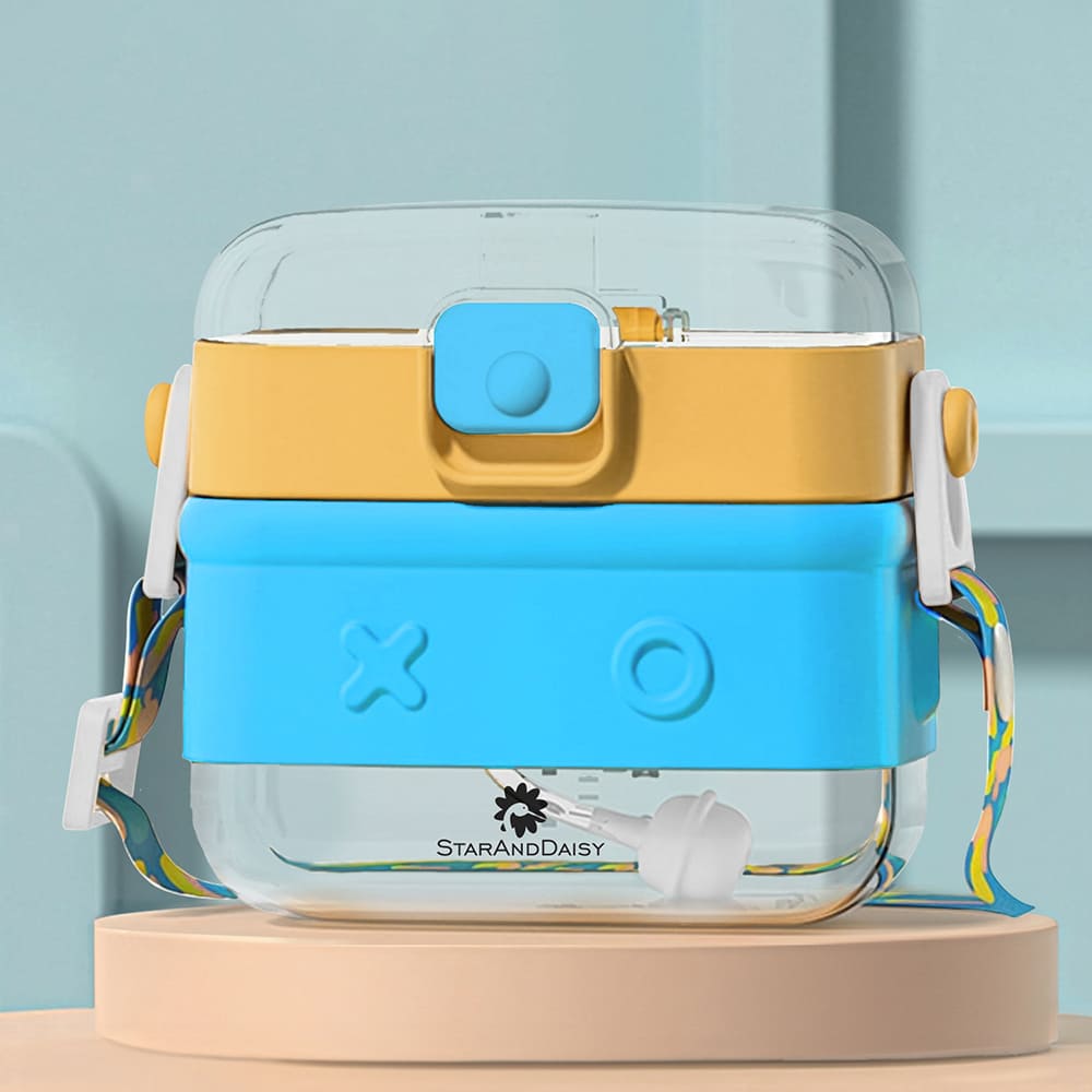 StarAndDaisy Kids Sipper Bottles - Square Drinking Bottles with Straw, Lock Cover and Leak Proof - Yellow and Blue