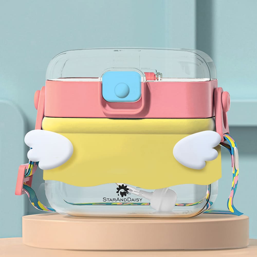 kids Square Water Bottle with Straw-pink Yellow