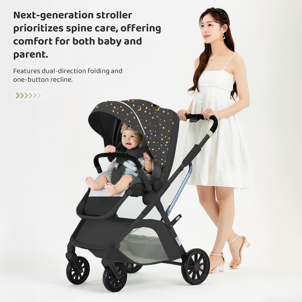 Chariot Luxury Baby Stroller Pram - Light Weight Baby Pram for Travel with Reversible Handle & Adjustable Backrets With Safety belt & Dual Direction - Easy Foldable Infants Stroller Age 0 To 3 Years (Q7- Black) - StarAndDAisy