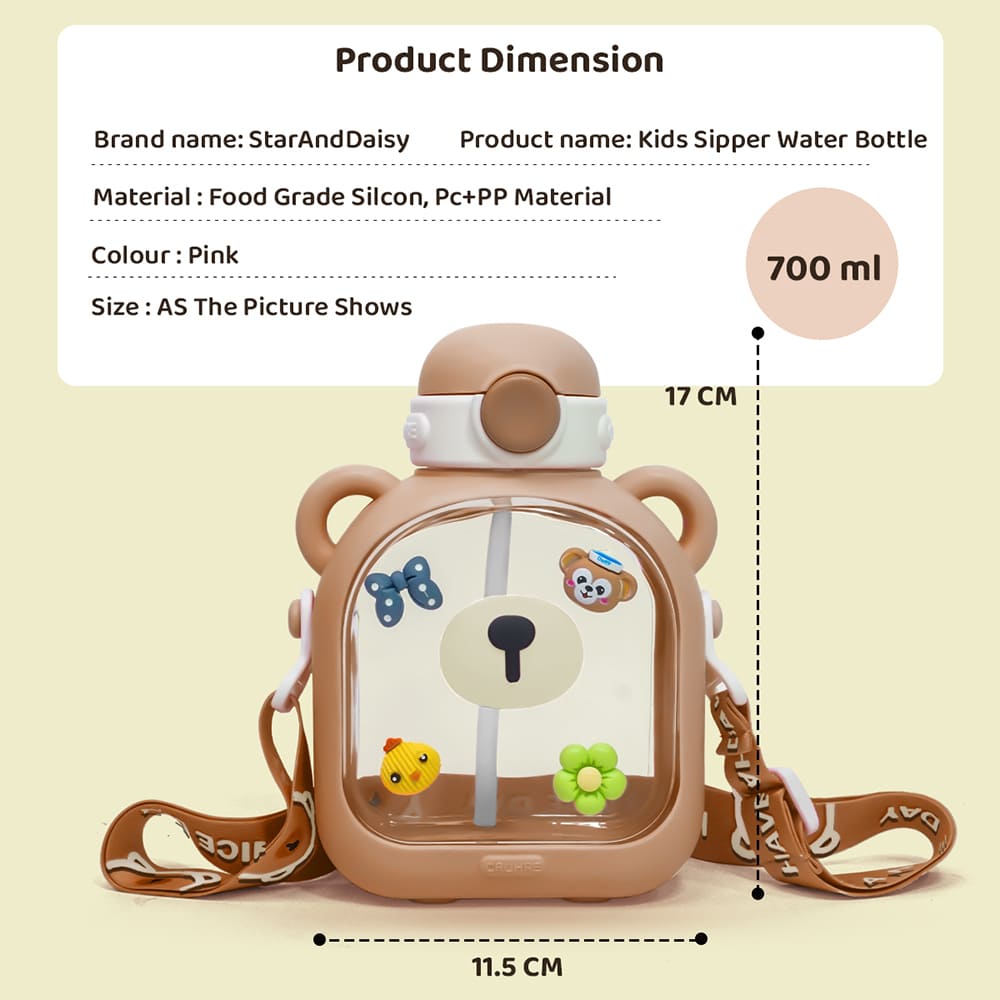 StarAndDaisy Kids Sipper Watter Bottle for Baby & Toddler with Animated Stickers & Lock Cover and Adjustable Straps - Brown, 700 ML