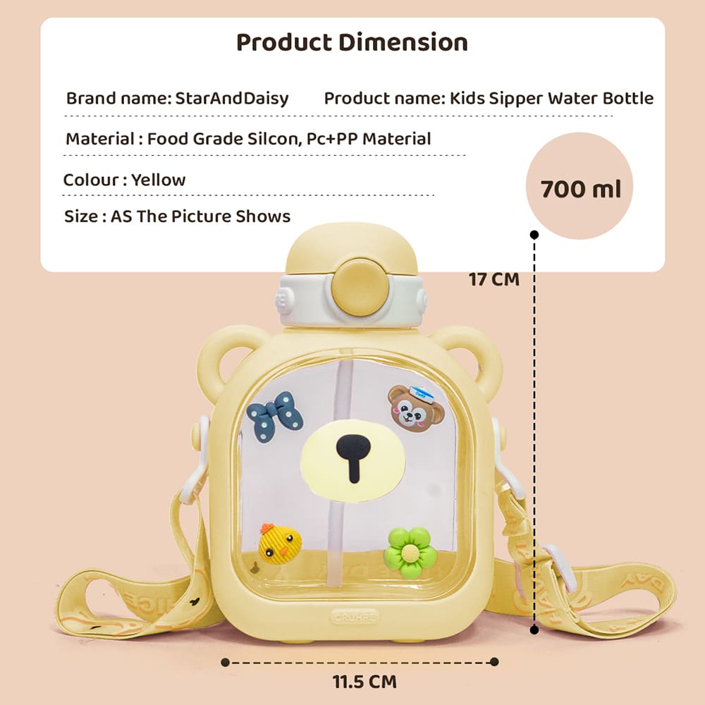 StarAndDaisy Kids Sipper Watter Bottle for Baby & Toddler with Animated Stickers & Leakproof Lock Cover and Adjustable Straps – Yellow, 700 ML