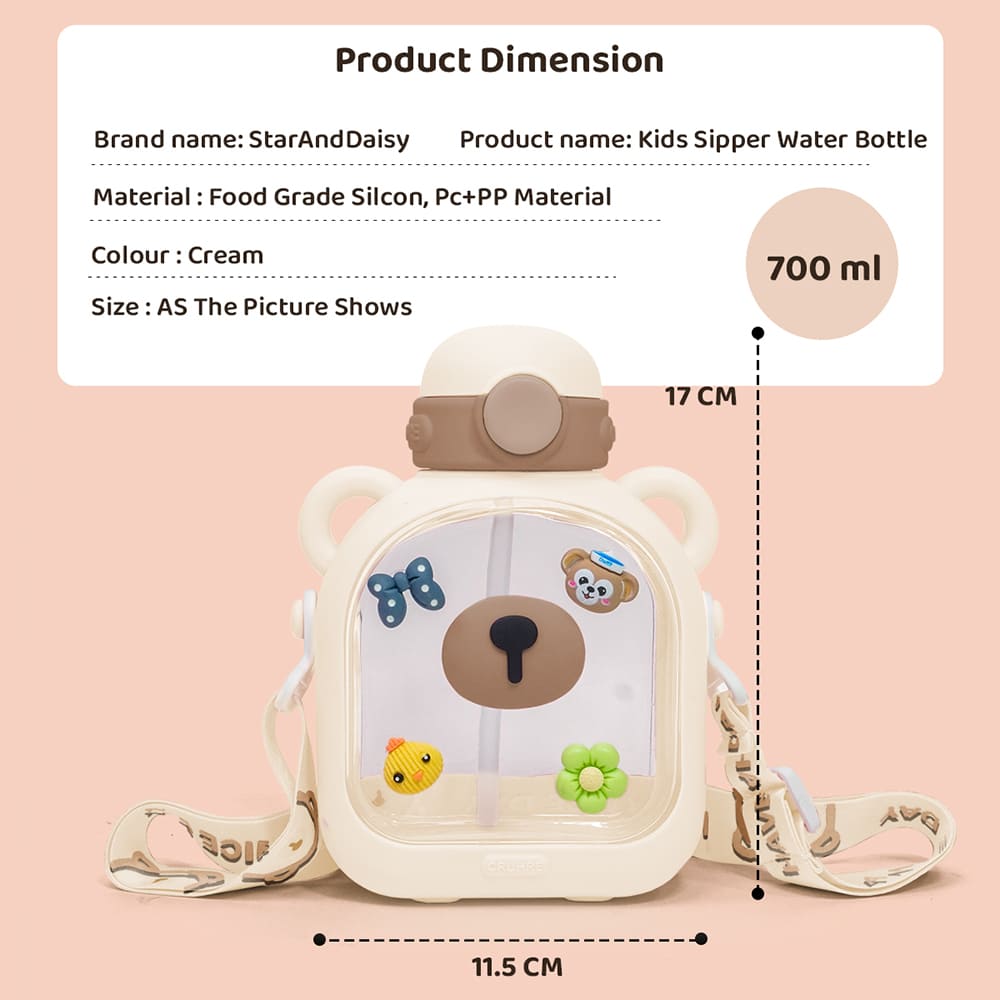 StarAndDaisy Kids Sipper Watter Bottle for Baby & Toddler with Animated Stickers & Lock Cover and Adjustable Straps – Cream, 700 ML