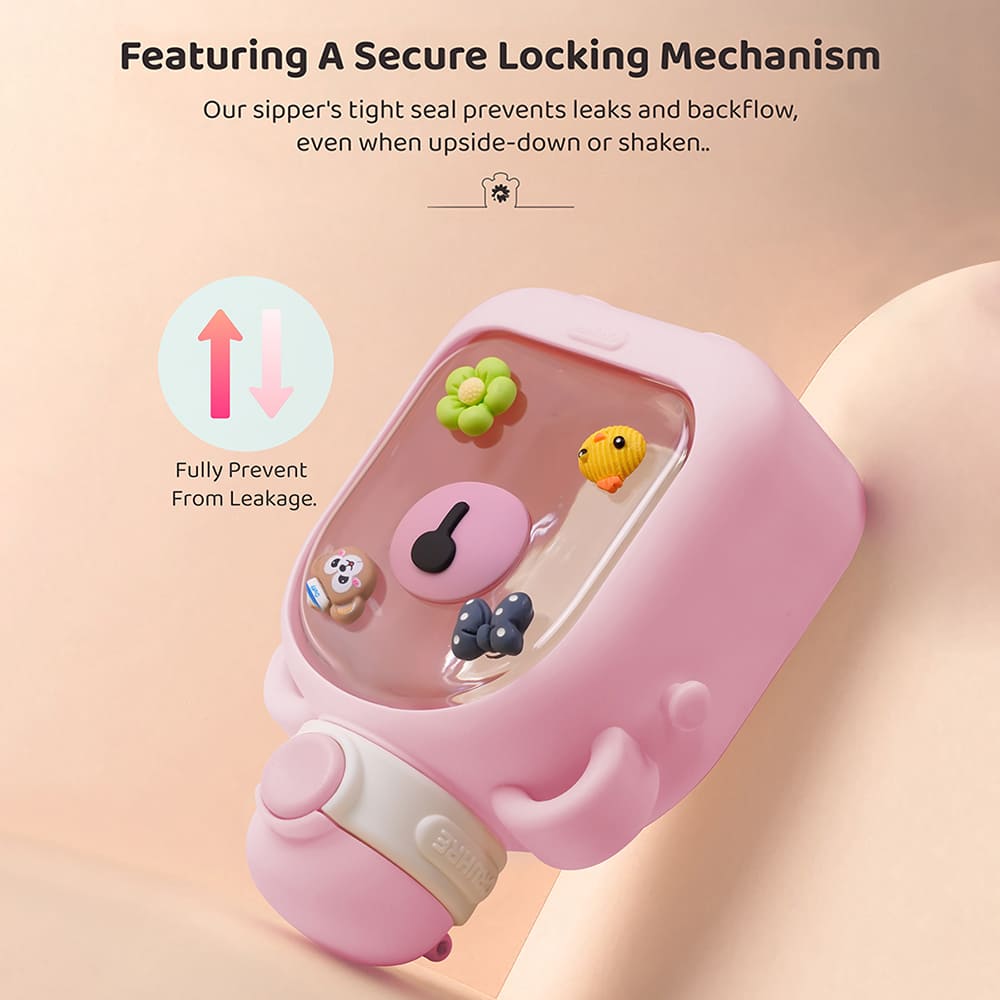 StarAndDaisy Kids Sipper Watter Bottle for Baby & Toddler with Animated Stickers & Lock Cover and Adjustable Straps – Pink, 700 ML
