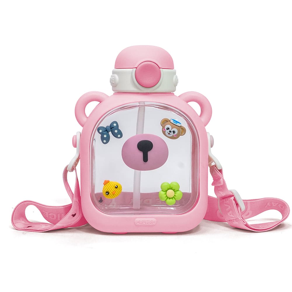 StarAndDaisy Kids Sipper Watter Bottle for Baby & Toddler with Animated Stickers & Lock Cover and Adjustable Straps – Pink, 700 ML