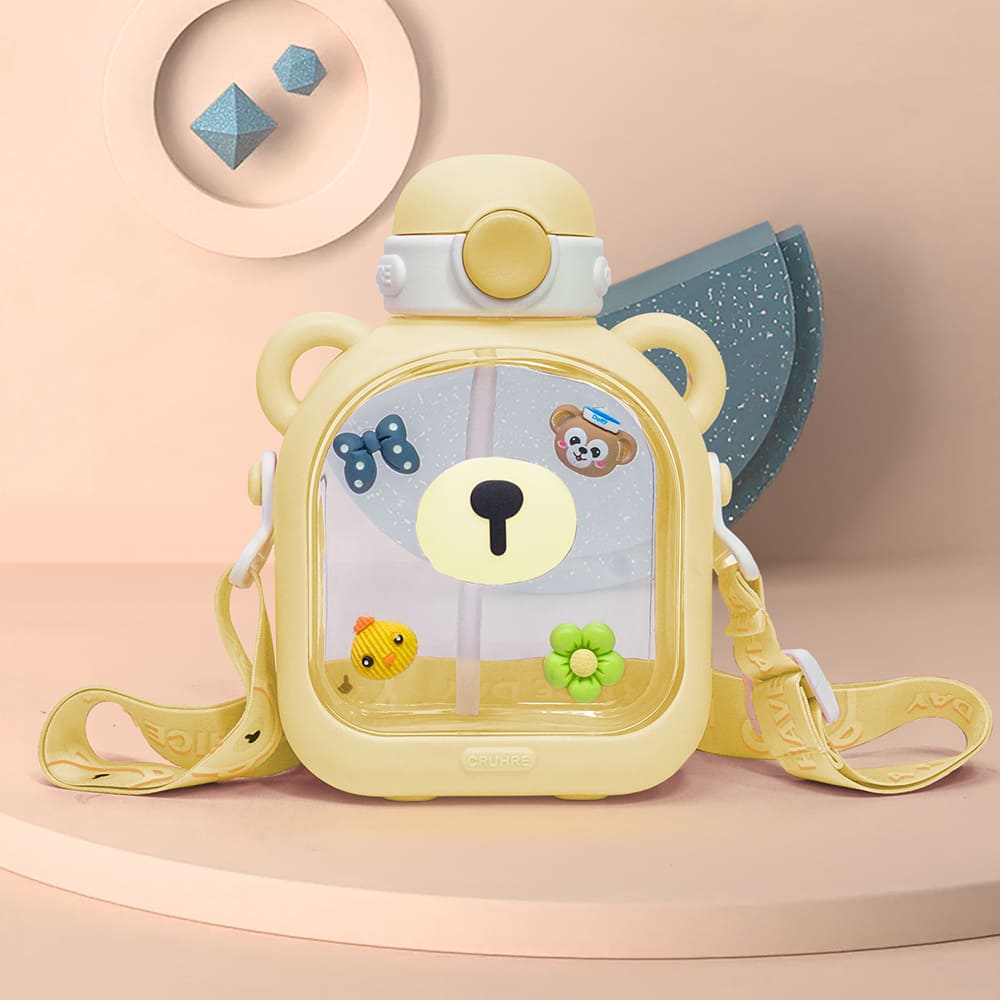 StarAndDaisy Kids Sipper Watter Bottle for Baby & Toddler with Animated Stickers & Leakproof Lock Cover and Adjustable Straps - Yellow, 700 ML