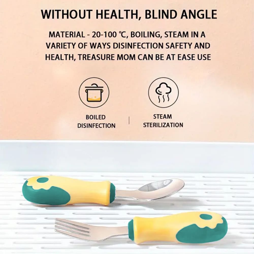 StarAndDaisy Stanless Steel SUS 316 Baby Feeding Training Spoon and Fork Set with Anti-Bacterial PP Storage Box - Green Orange