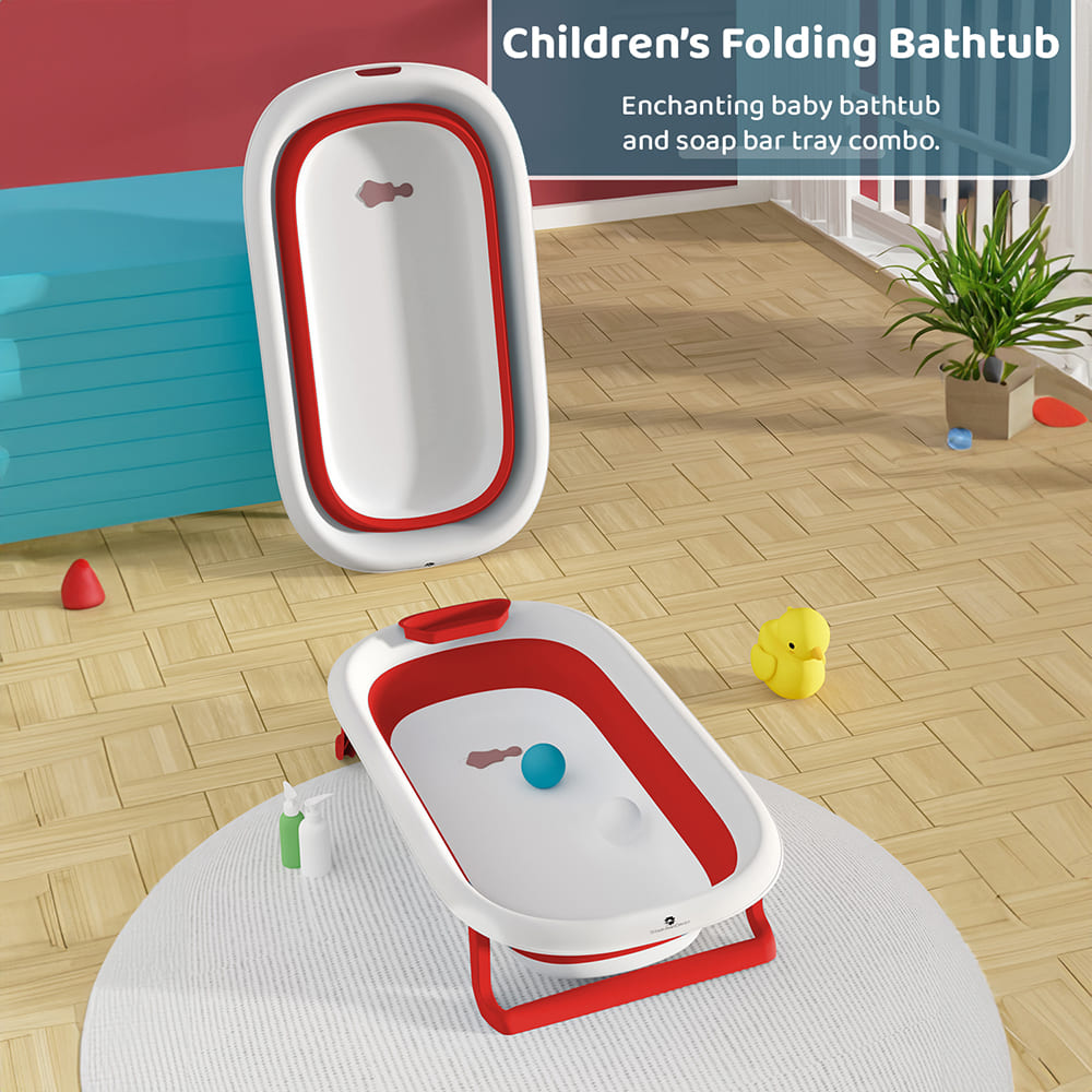Foldable Bathtub for Baby with Soap Bar - Anti Slip Bath Tub for Kids (SIBT Basic Red) - StarAndDaisy