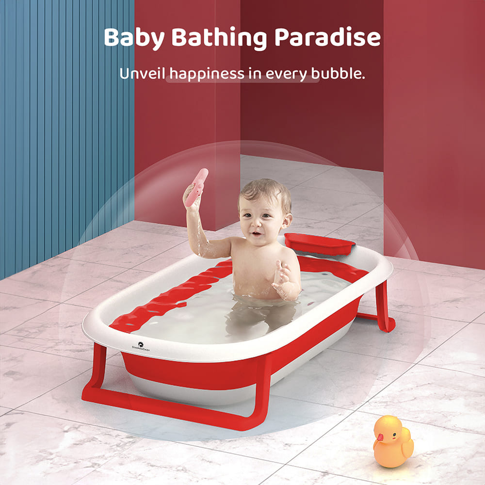 Foldable Bathtub for Baby with Soap Bar - Anti Slip Bath Tub for Kids (SIBT Basic Red) - StarAndDaisy