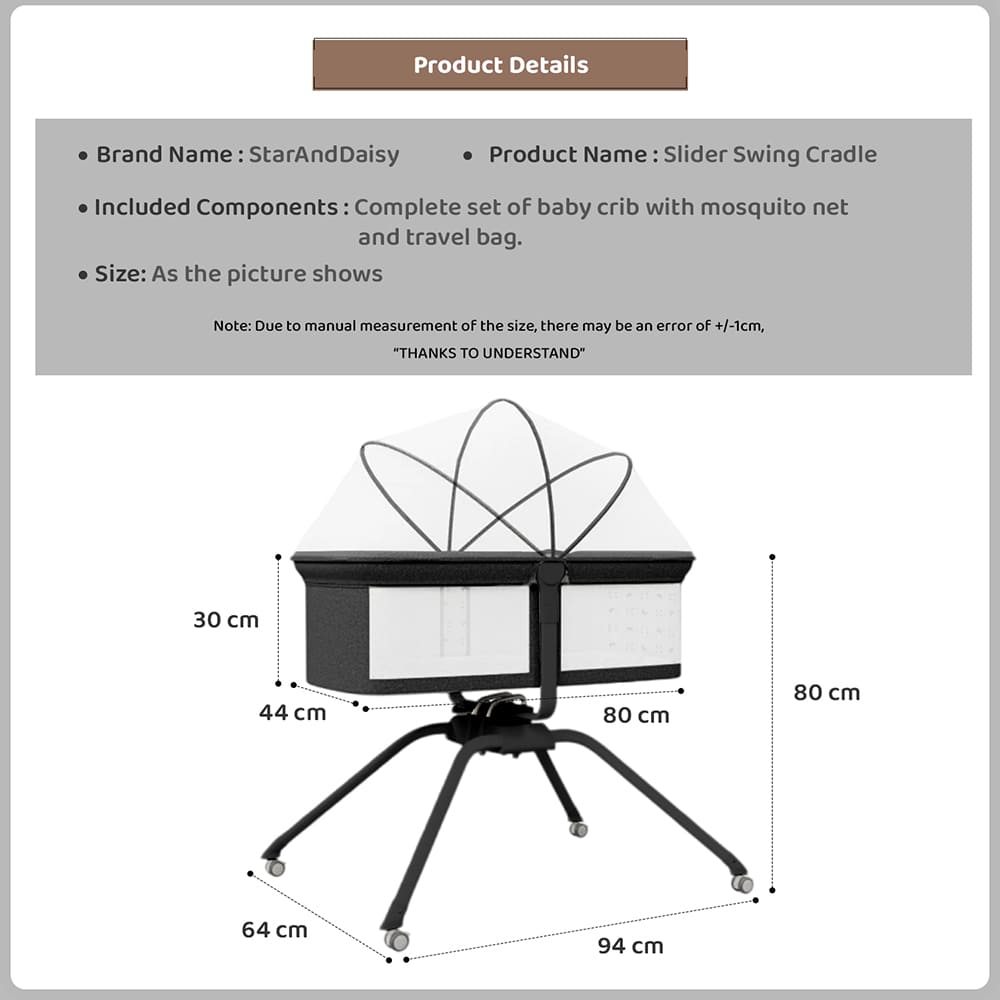 StarAndDaisy 3 in 1 Cradle for Baby with a Mattress and Mosquito Net - Black
