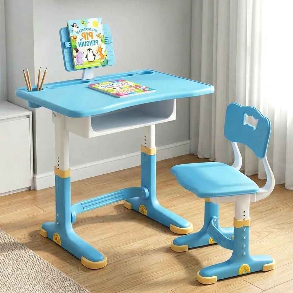 StarAndDaisy Kids Study Table with Chair Set For Children with Height Adjustable & Book Holder For 2 to 12 years - S01 blue