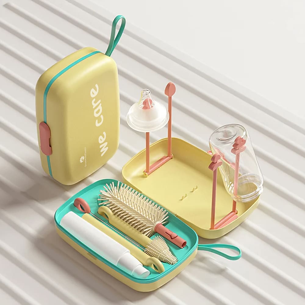 StarAndDaisy Portable Baby Bottle Drying Rack with Removable Draining Tray and Cleaning Brush Set with Storage Box - yellow