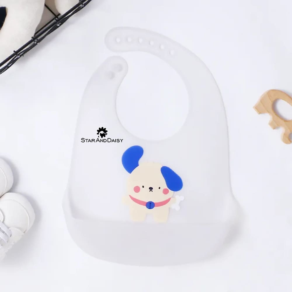 StarAndDaisy Waterproof Silicone Bib for Feeding & Weaning Babies & Toddlers, Adjustable Neckline with Buttons - White