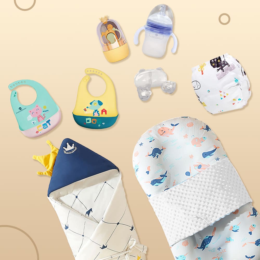 StarAndDaisy Newborn Baby Daily Essential Gift Item, Combo Set of Hooded Wrapper, Sleeping Bag, Feeding Essentials - Pack of 7
