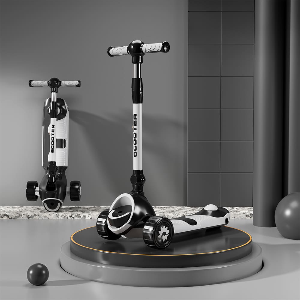 StarAndDaisy Kick On Toddler Scooter for Kids Aged 3-10 Years with 3 Wheel LED Lights, Extra-Wide Foldable Design, 4 Adjustable Heights, Lean-to-Steer (Black)