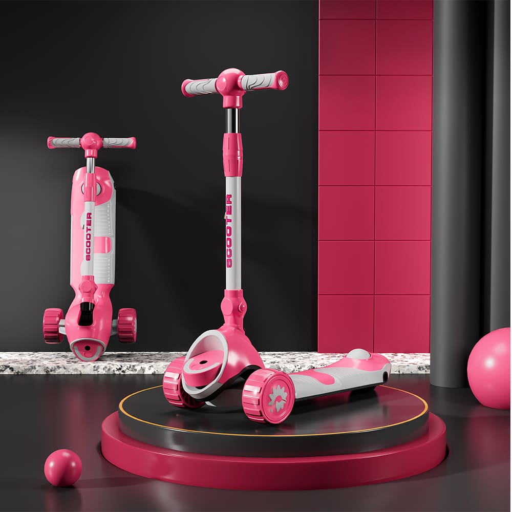 StarAndDaisy Kick On Toddler Scooter for Kids Aged 3-10 Years with 3 Wheel LED Lights, Extra-Wide Foldable Design, 4 Adjustable Heights, Lean-to-Steer (Pink)