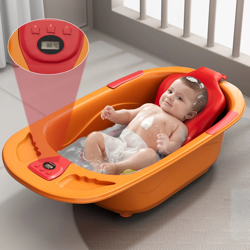 StarAndDaisy Anti-slip baby Bathtub with Bath Seat, Infants & Toddlers Bathtub with Temperature Sensor - Orange Red