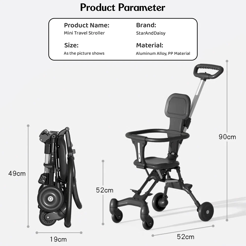StarAndDaisy Travel Stroller for Baby, One Hand Folded Baby Pram with 360° Two-Way Rotational Seat, Airplane stroller with Adjustable handle - Black