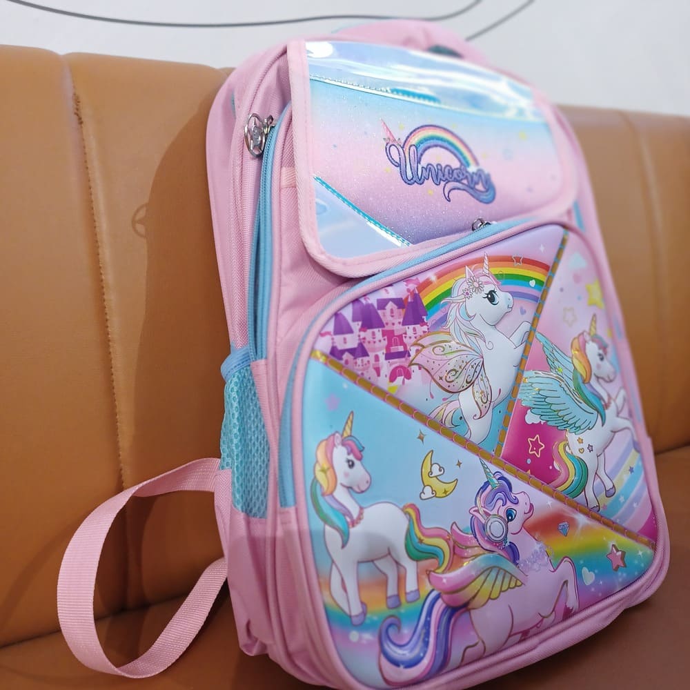 Magical Unicorn Dreamland Backpack –Sparkle with Every Step, Vibrant Illustrations of Unicorns, Rainbows, Stars, and a Castle, Multiple compartments, Adjustable Padded Shoulder Straps-Pink
