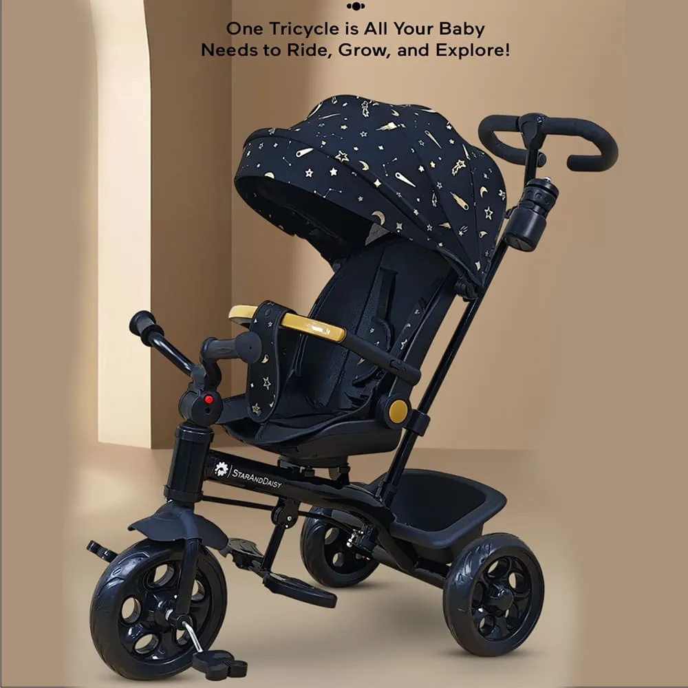 StarAndDaisy 4-in-1 Kids Tricycle with Adjustable Parental Handle, 4 Convertible Stages, & Adjustable Canopy, Tiny Cycle for Boys & Girls (6 Months to 6 Years) - Black