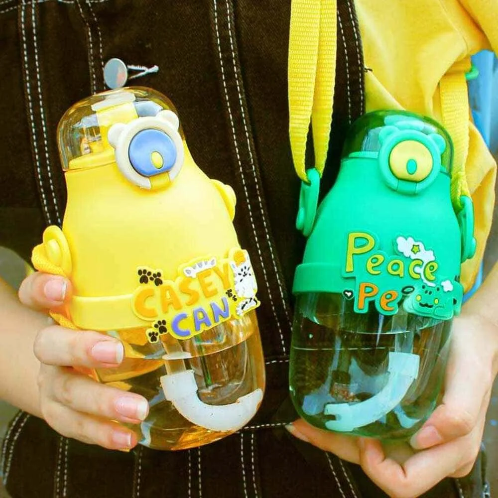 Peace Water Bottle 500ml, Clear Bottle, One-Touch Water Bottle with Straw, Cute, Clear Bottle, Drink Bottle, Crossbody Hanging-Pink