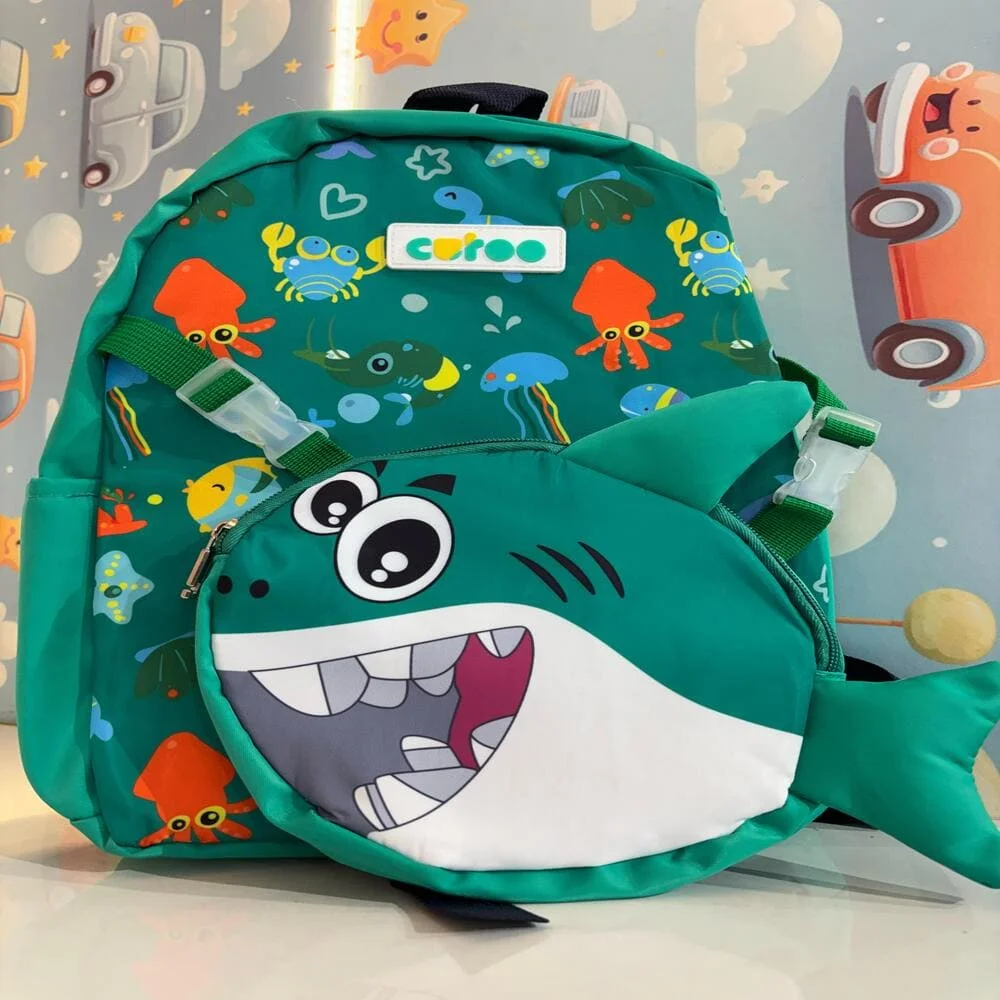 Adorable Ocean Shark Themed Backpack – Fun and Colorful Design Featuring a Smiling Shark, Sea Creatures, and Playful Patterns, Perfect for School, Travel, and Everyday Adventures for Young Explorers - Green
