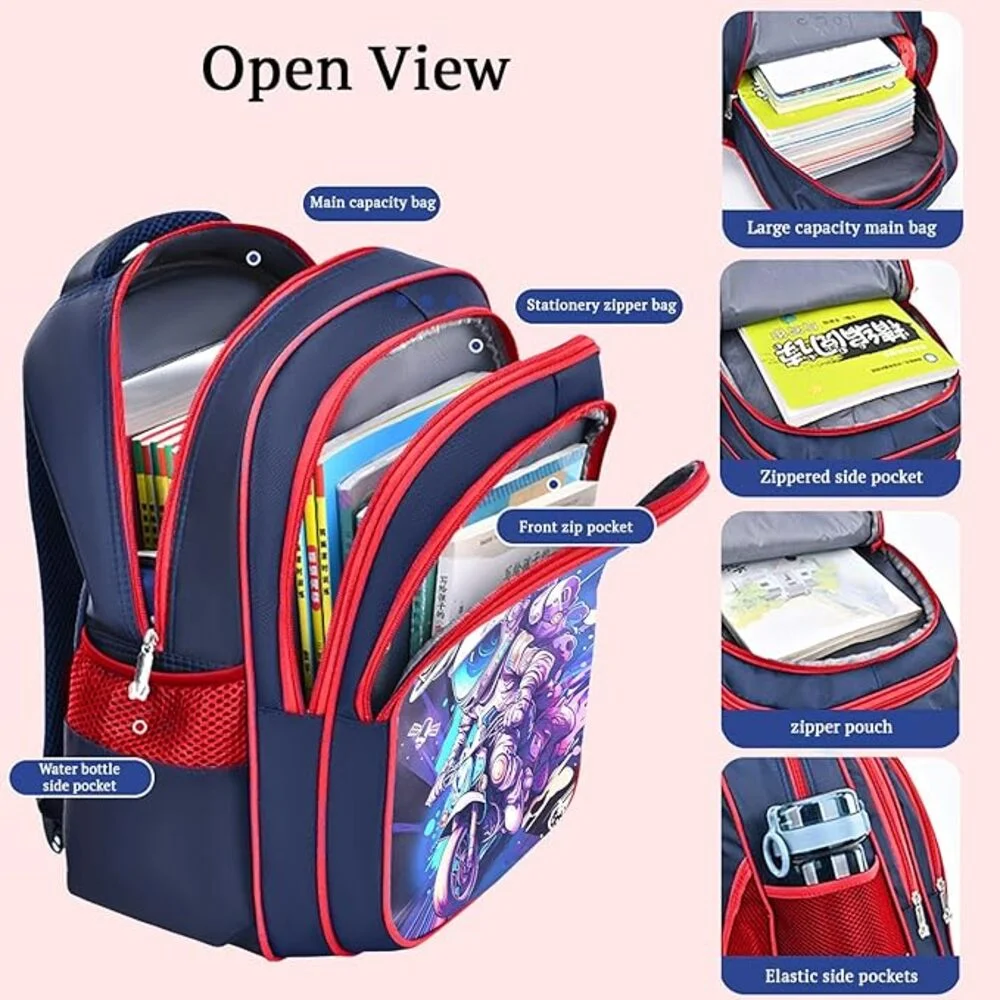 Premium Kids School Bag, Motorcycle Astronaut Design, Lightweight Backpack for Elementary school students-Blue