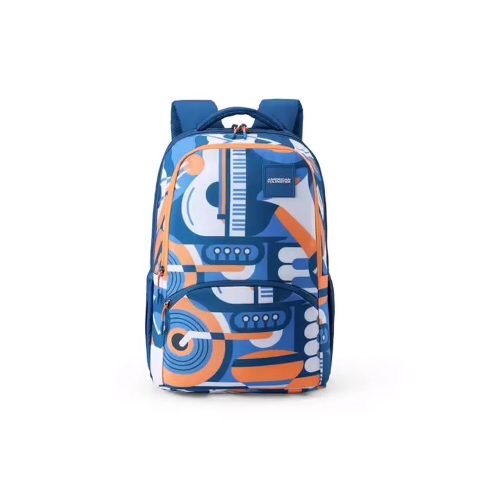 American Tourister Spacious School Bag, 35 Ltr, 3 Full Compartments, Gucci Polyester, Printed Design Backpack - Quad XXL Style 03-Teal/ Orange