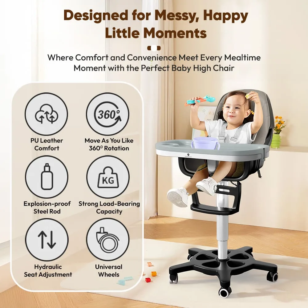StarAndDaisy Premium Baby High Chair with 5 Adjustable Seat, Dual Detachable Food Tray, 360 ° Wheels - Grey