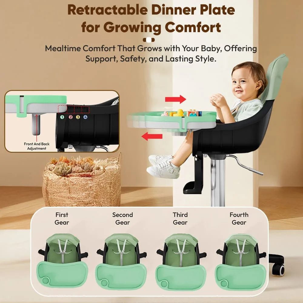 StarAndDaisy Premium High Chair for Babies with 5 Adjustable Seat, Dual Detachable Food Tray, 360 ° Wheels - Green