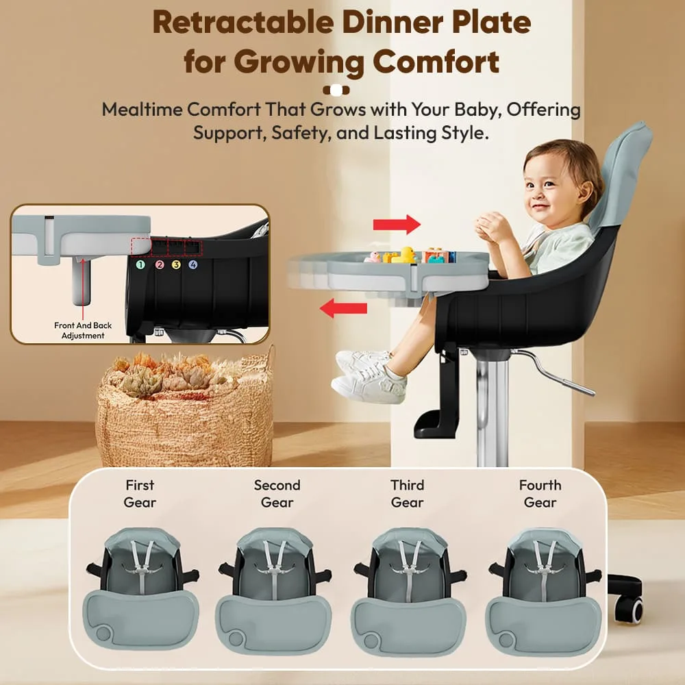 StarAndDaisy Feeding Baby High Chair with 5 Adjustable Seat, Dual Detachable Food Tray, 360 ° Wheels - Blue