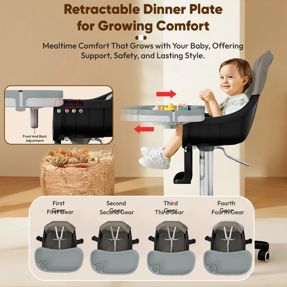 StarAndDaisy Premium Baby High Chair with 5 Adjustable Seat, Dual Detachable Food Tray, 360 ° Wheels - Grey
