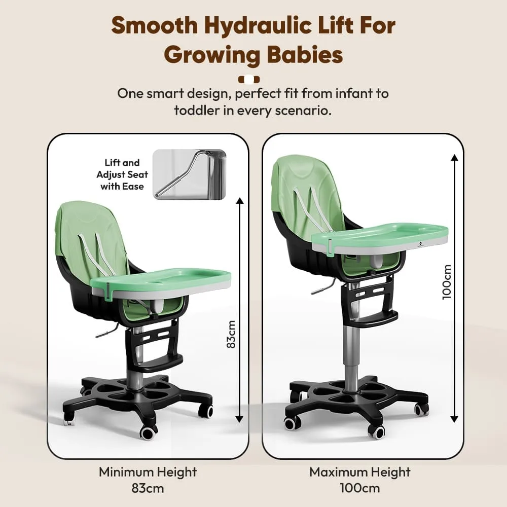 StarAndDaisy Premium High Chair for Babies with 5 Adjustable Seat, Dual Detachable Food Tray, 360 ° Wheels - Green