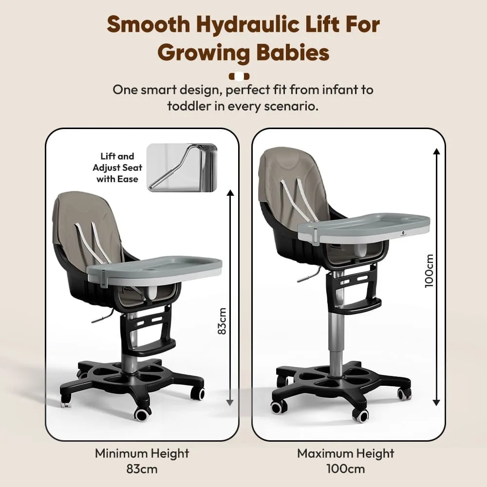 StarAndDaisy Premium Baby High Chair with 5 Adjustable Seat, Dual Detachable Food Tray, 360 ° Wheels - Grey