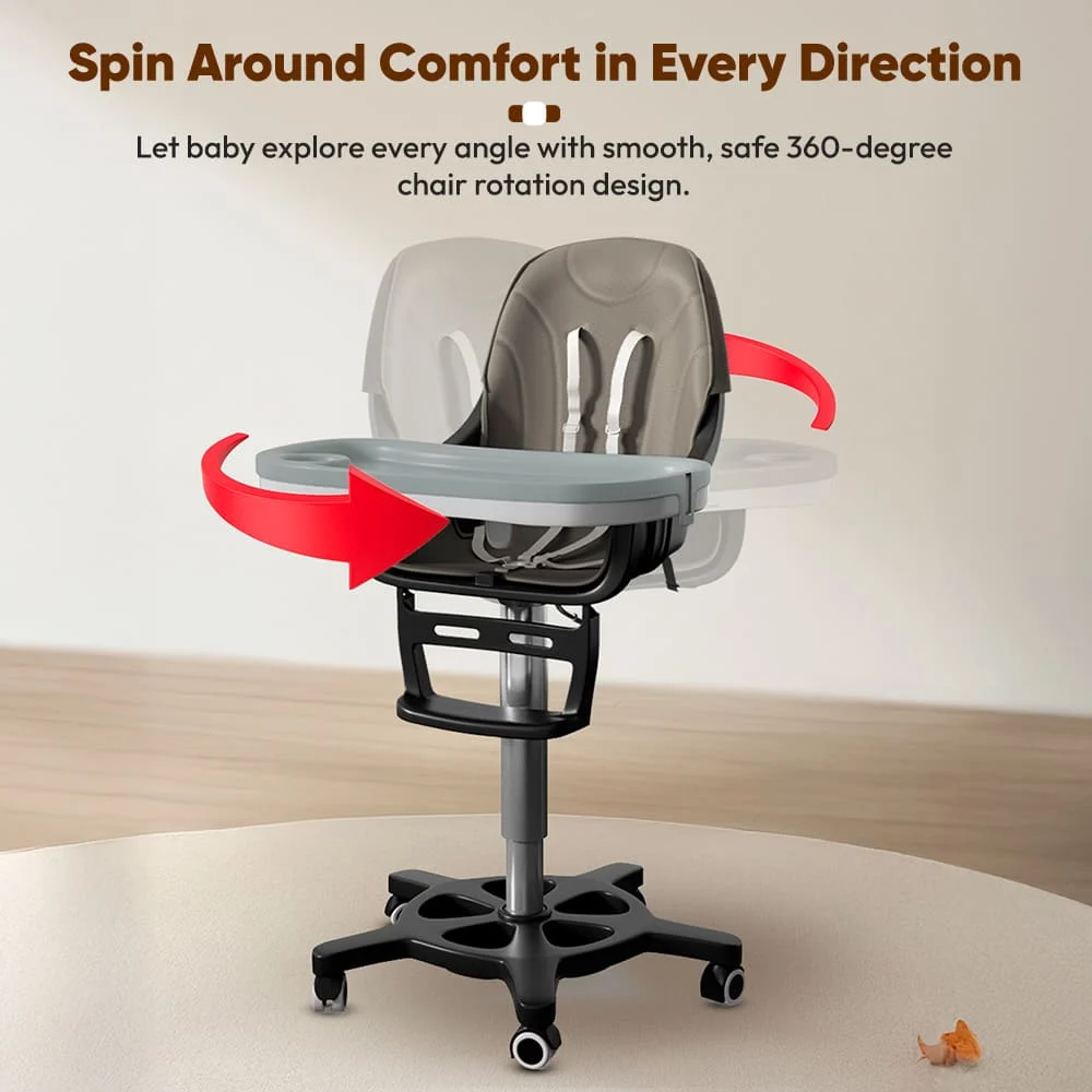 StarAndDaisy Premium Baby High Chair with 5 Adjustable Seat, Dual Detachable Food Tray, 360 ° Wheels - Grey