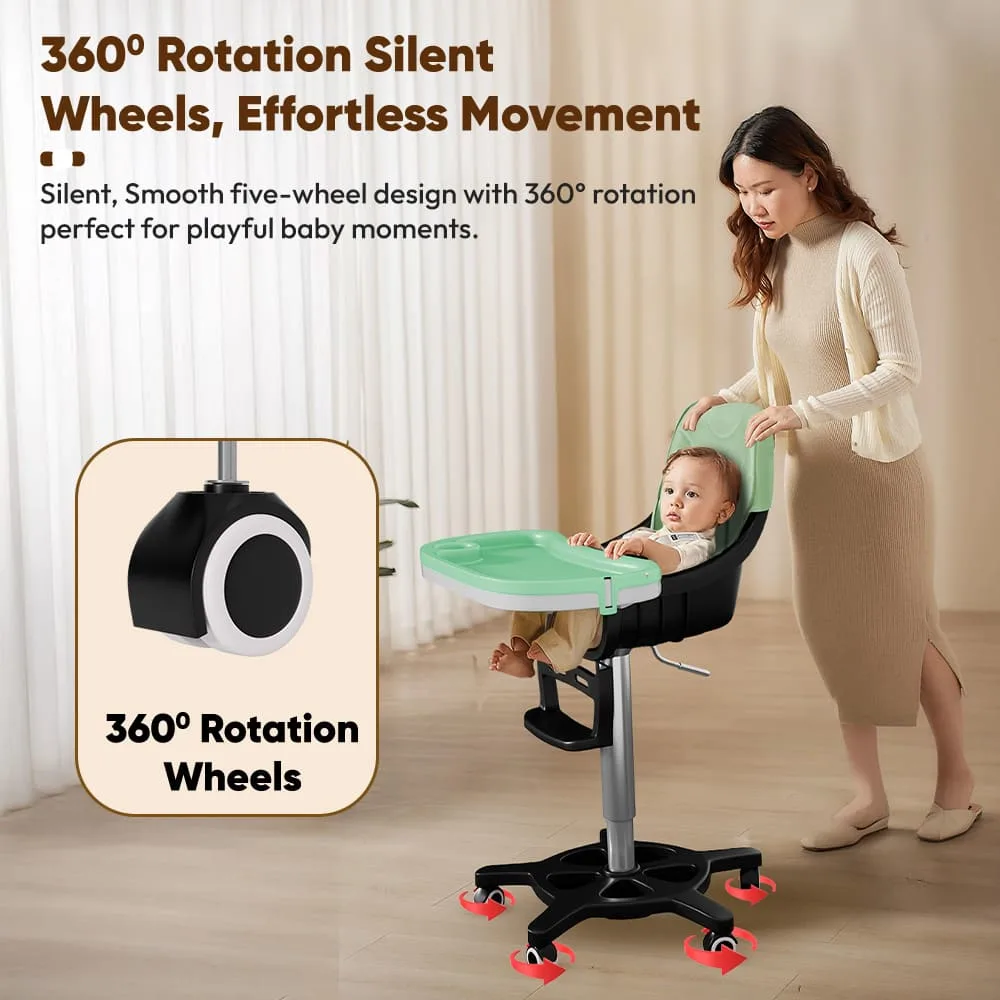 StarAndDaisy Premium High Chair for Babies with 5 Adjustable Seat, Dual Detachable Food Tray, 360 ° Wheels - Green