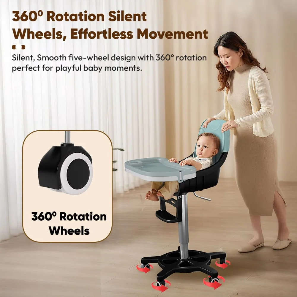 StarAndDaisy Feeding Baby High Chair with 5 Adjustable Seat, Dual Detachable Food Tray, 360 ° Wheels - Blue