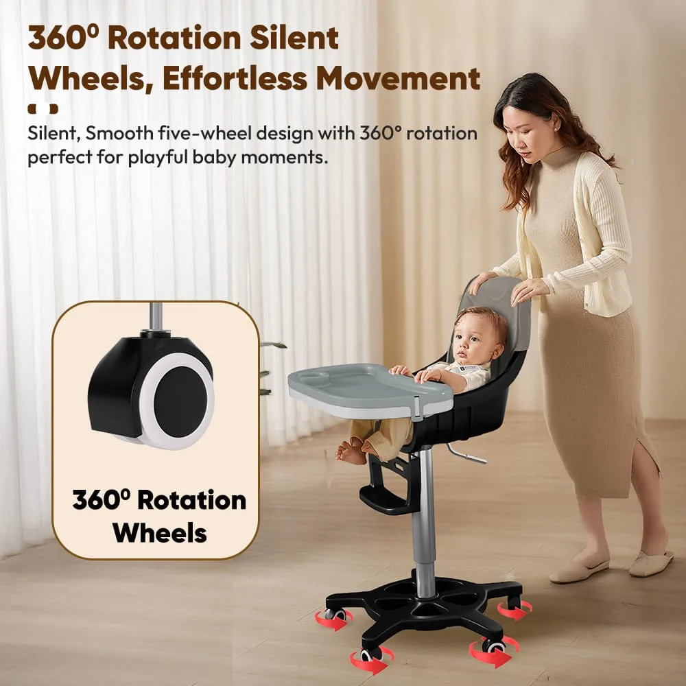 StarAndDaisy Premium Baby High Chair with 5 Adjustable Seat, Dual Detachable Food Tray, 360 ° Wheels - Grey