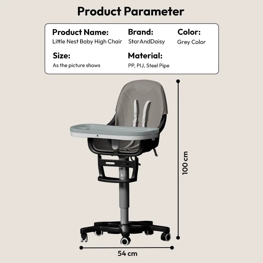 StarAndDaisy Premium Baby High Chair with 5 Adjustable Seat, Dual Detachable Food Tray, 360 ° Wheels - Grey