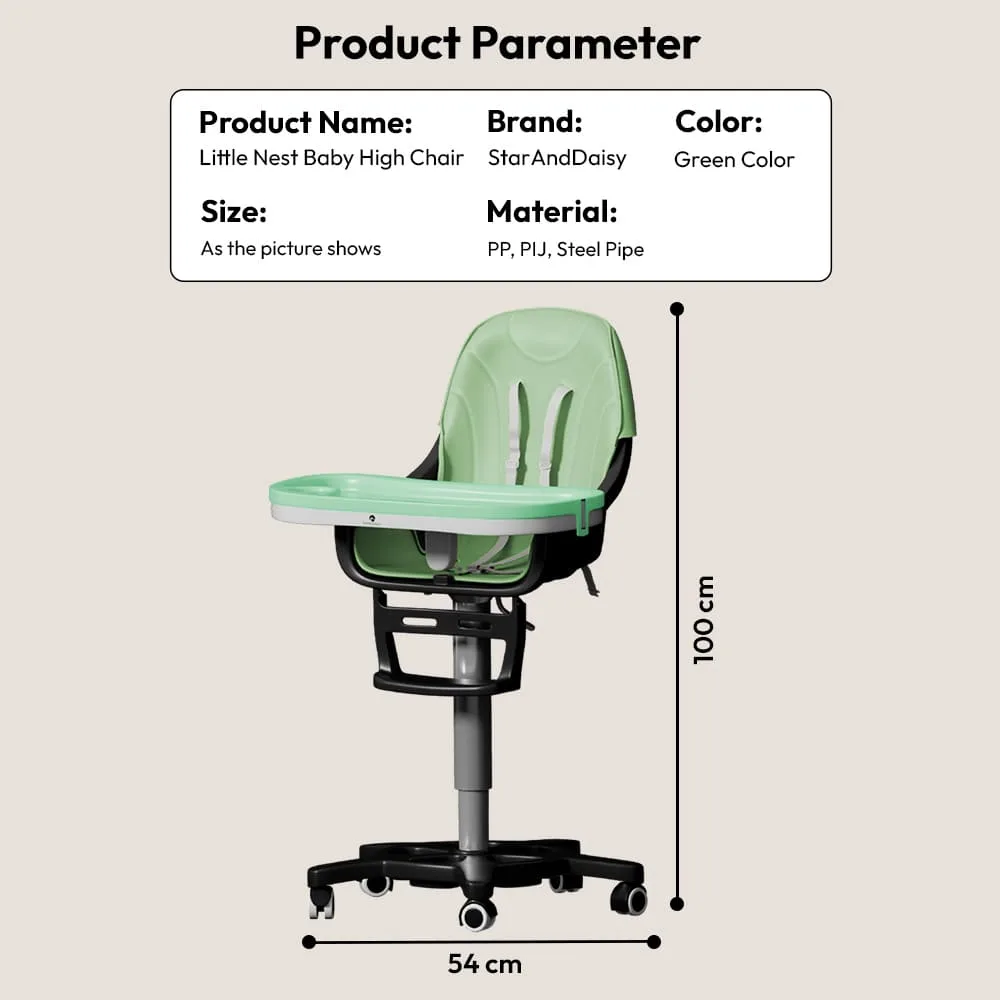 StarAndDaisy Premium High Chair for Babies with 5 Adjustable Seat, Dual Detachable Food Tray, 360 ° Wheels - Green