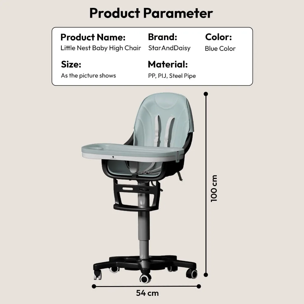 StarAndDaisy Feeding Baby High Chair with 5 Adjustable Seat, Dual Detachable Food Tray, 360 ° Wheels - Blue
