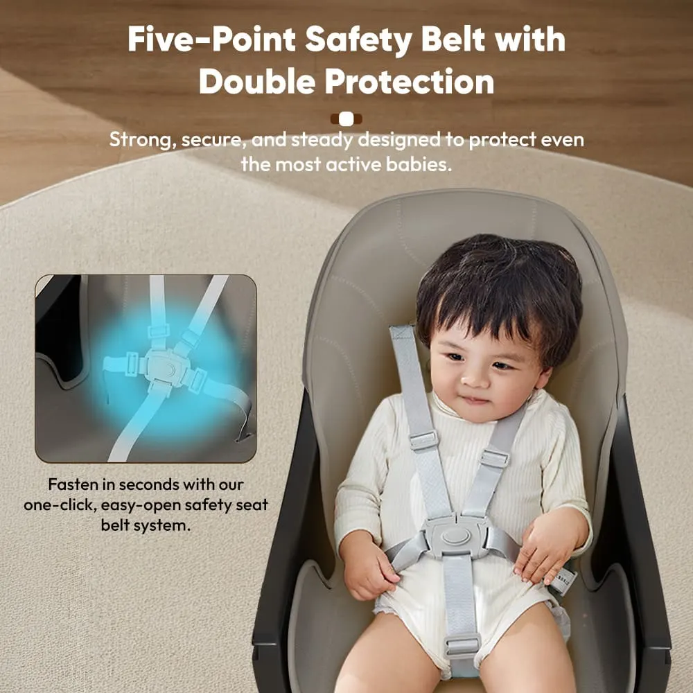 StarAndDaisy Premium Baby High Chair with 5 Adjustable Seat, Dual Detachable Food Tray, 360 ° Wheels - Grey