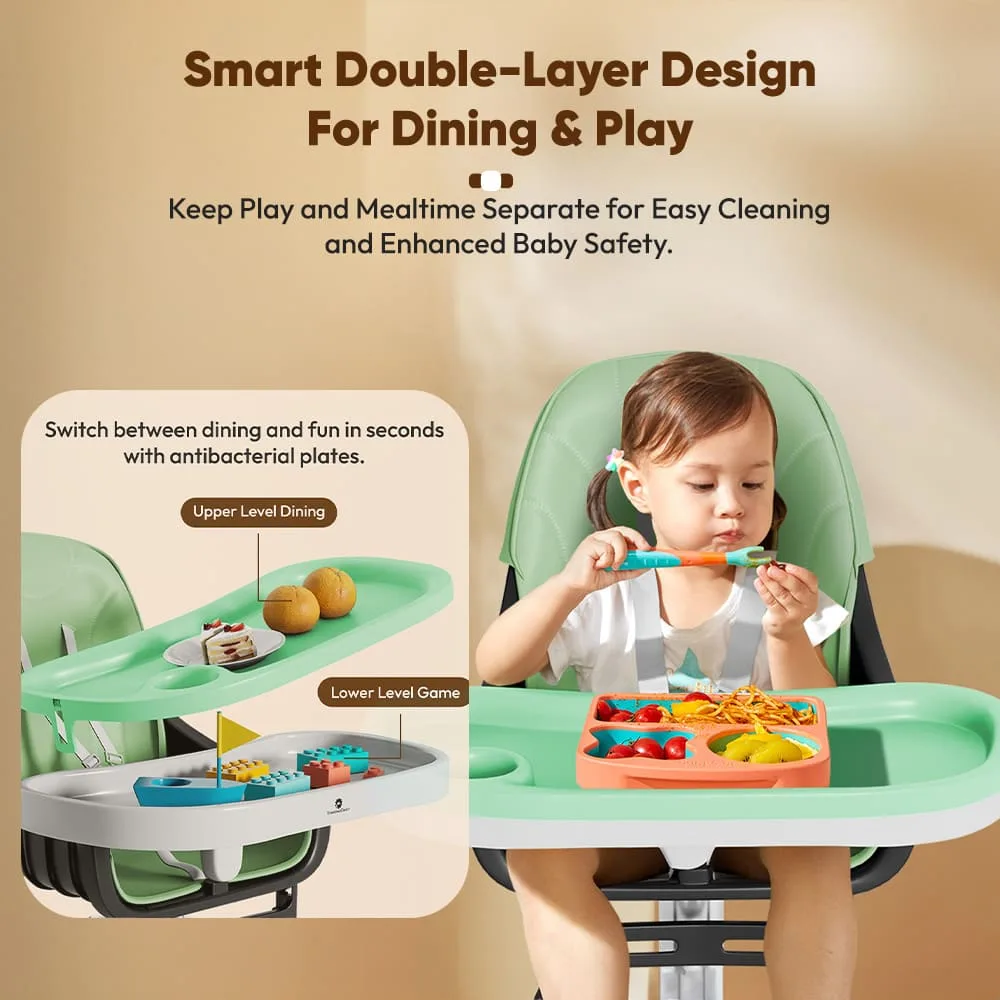 StarAndDaisy Premium High Chair for Babies with 5 Adjustable Seat, Dual Detachable Food Tray, 360 ° Wheels - Green