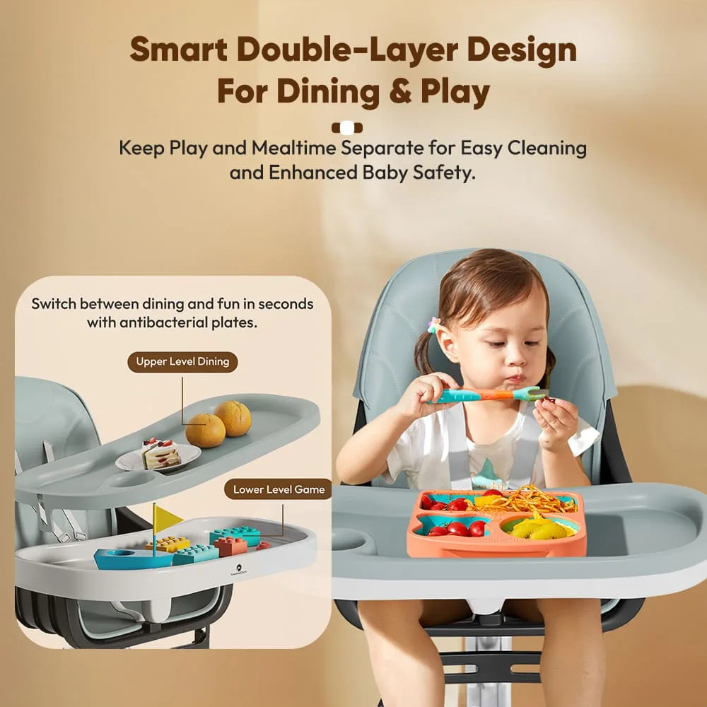 StarAndDaisy Feeding Baby High Chair with 5 Adjustable Seat, Dual Detachable Food Tray, 360 ° Wheels - Blue