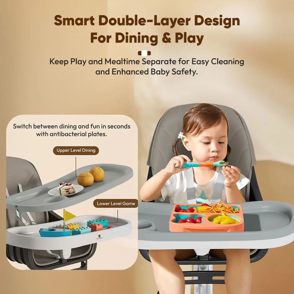 StarAndDaisy Premium Baby High Chair with 5 Adjustable Seat, Dual Detachable Food Tray, 360 ° Wheels - Grey