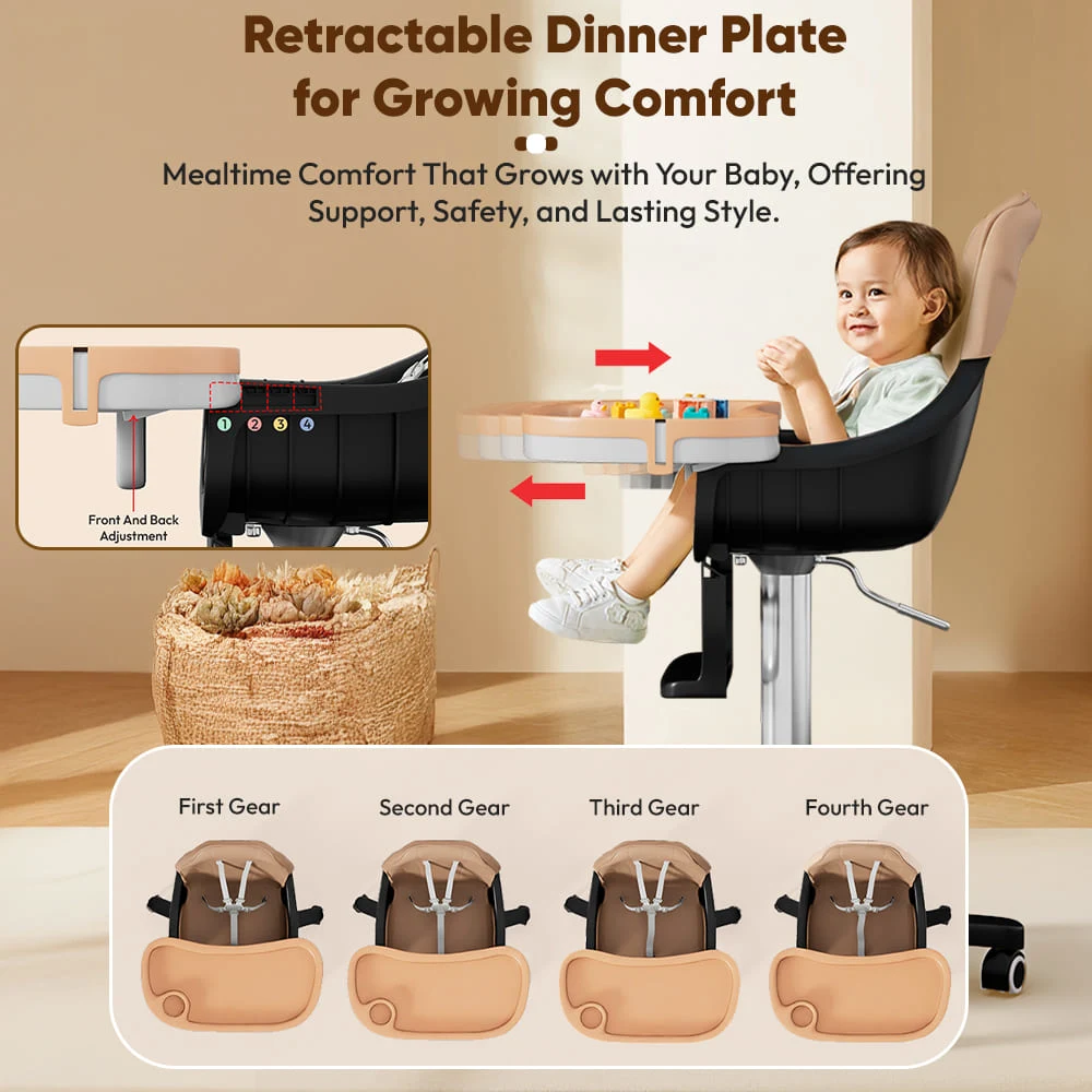 StarAndDaisy Premium High Chair for Baby with 5 Adjustable Seat, Dual Detachable Food Tray, 360 ° Wheels - Peach